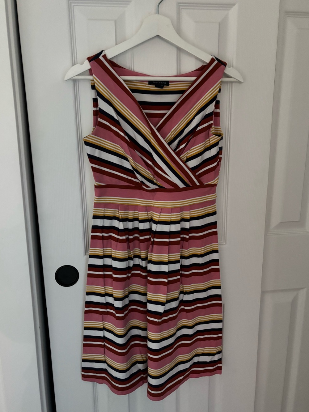 Lands' End Sleeveless Striped V-Neck Dress in Rose, Mustard, Black and Cream